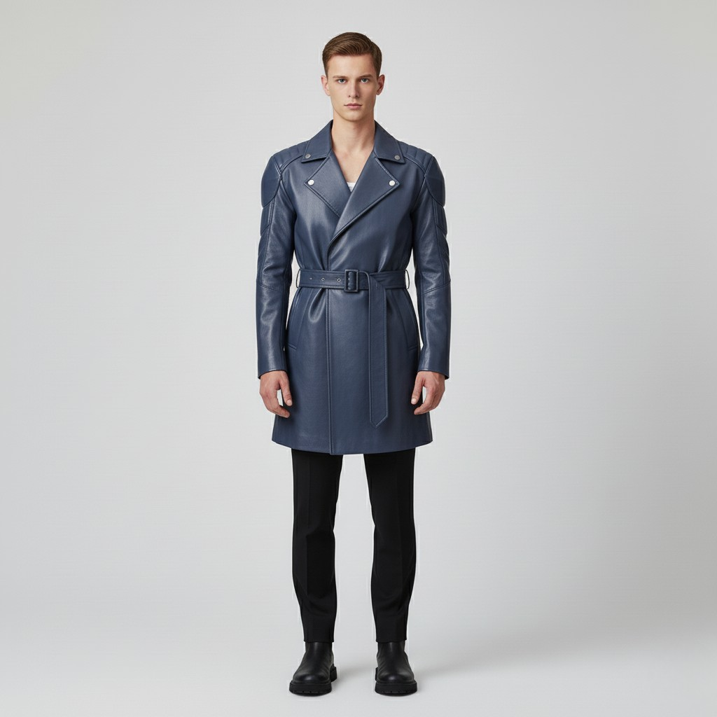 Men's Belted Faux-Leather Overcoat