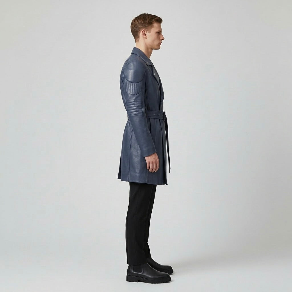 Men's Belted Faux-Leather Overcoat