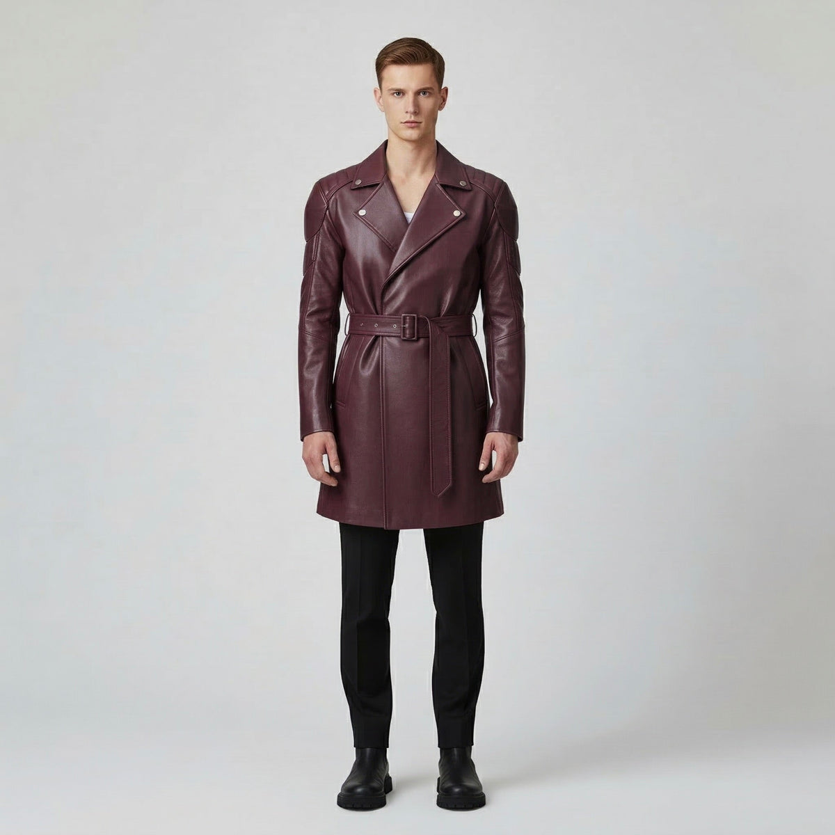 Men's Belted Faux-Leather Overcoat