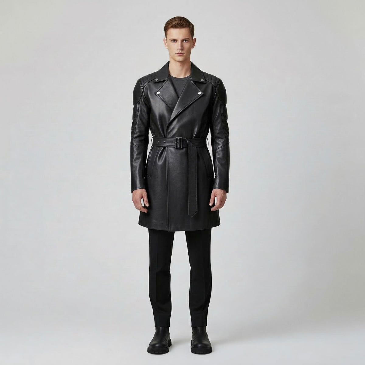 Men's Belted Faux-Leather Overcoat