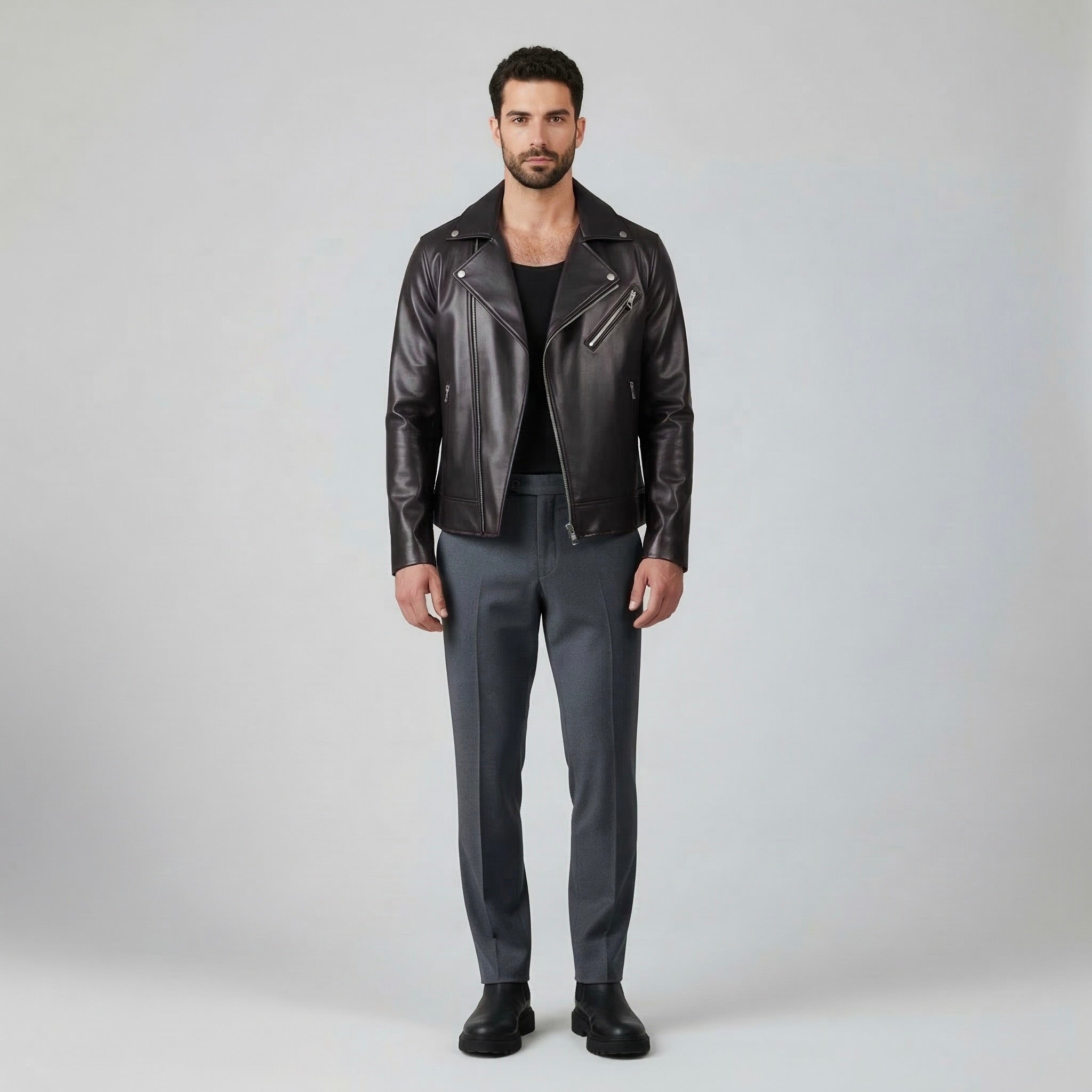 Men's Faux-Leather Moto Zip Jacket